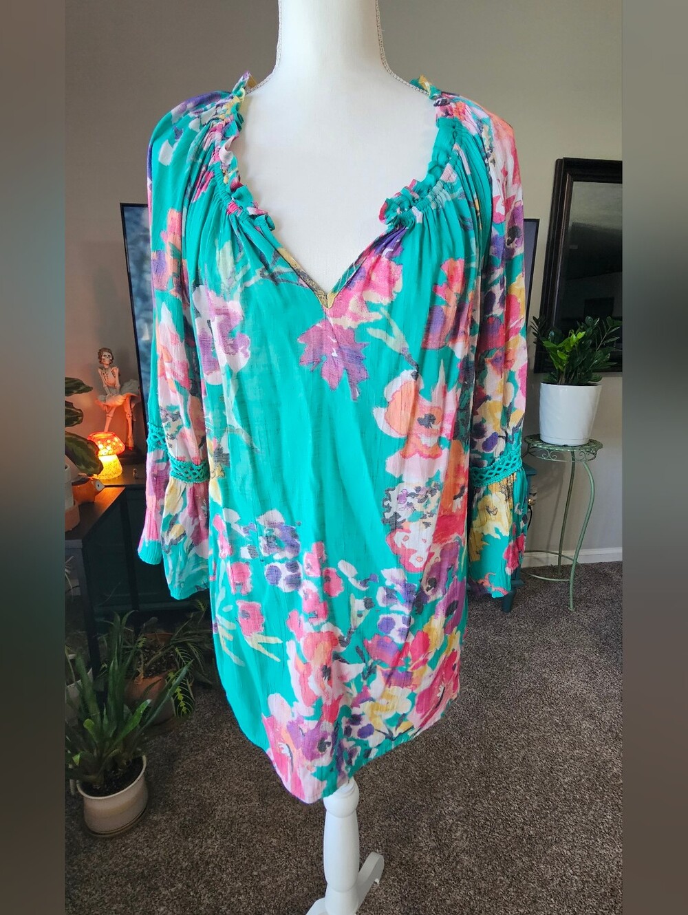 Spense Teal Floral Peasant Tunic
